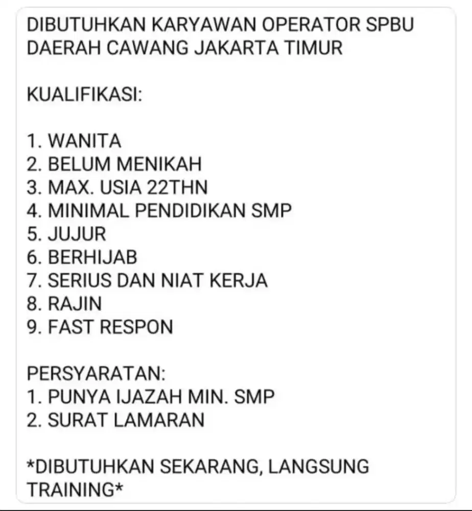 Di BUTUHKAN OPERATOR SPBU Dewi sartika