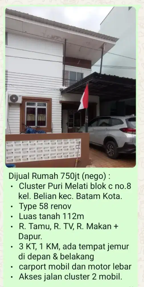 Dijual BU 750jt rumah cluster puri melati batam center