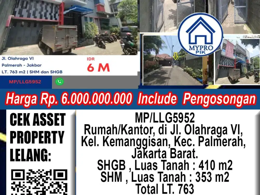 Dijual Lelang Rumah Cocok untuk Kantor di Jalan Olahraga, Palmerah, Jakarta Barat