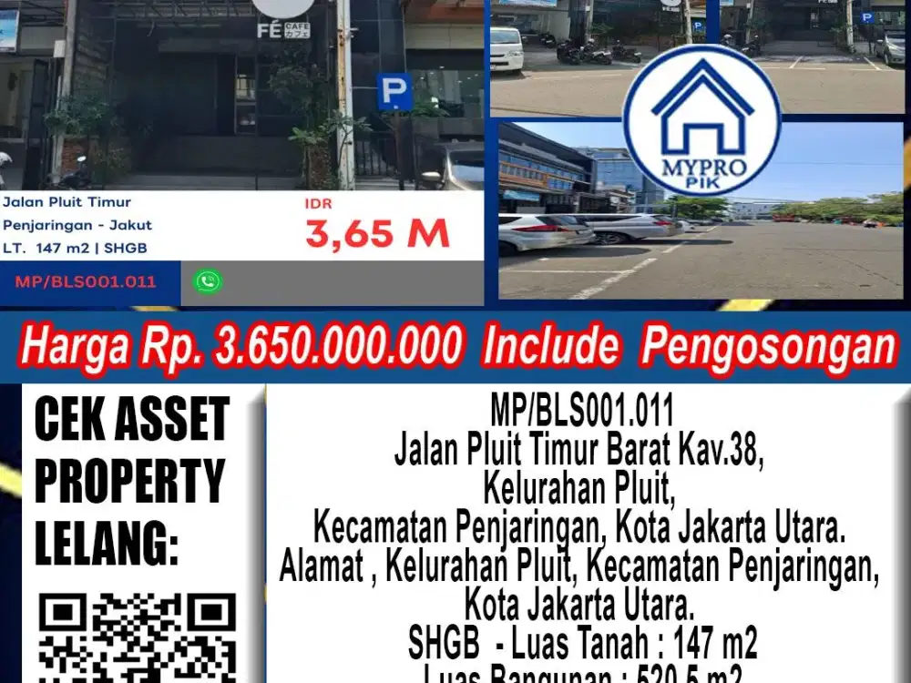 Dijual Murah Lelang Ruko 147 Meter di Pluit Timur, Jakarta Utara