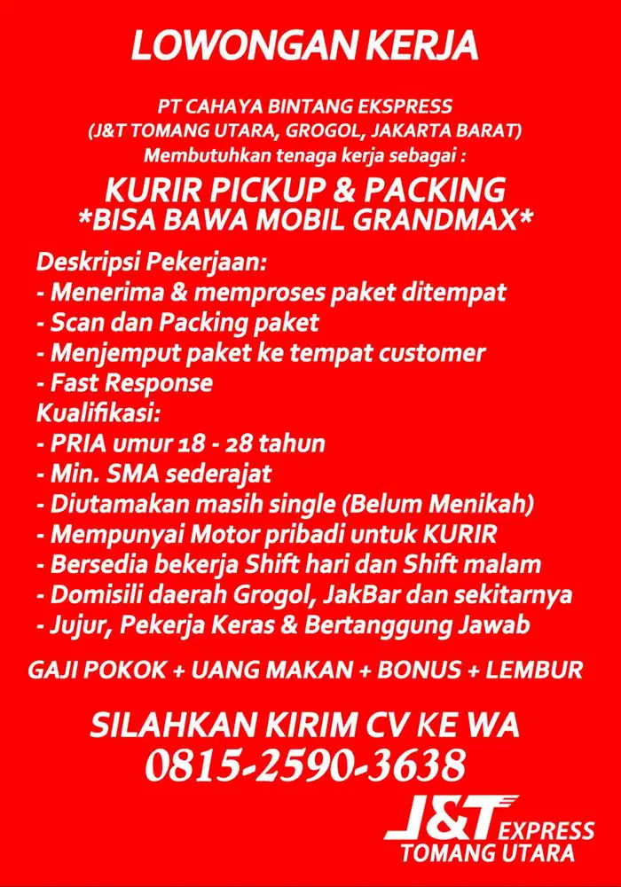Kurir Pickup dan Packing (Diutamakan bisa mengendarai mobil GrandMax)