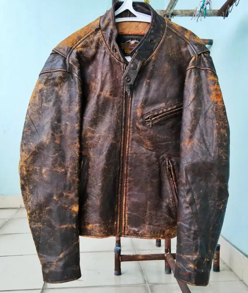 Jaket kulit asli sepeda motor harley davidson vintage thn 90 an antik