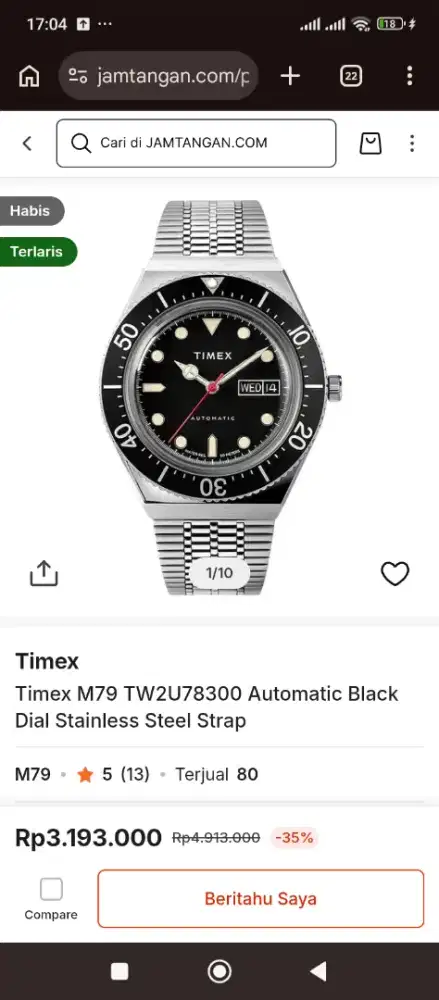 FS : Timex M79 TW2U78300 Automatic Black Dial Stainless Steel Strap