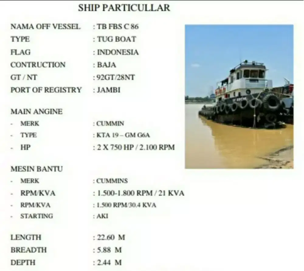 Tongkang + Tugboat 210 feet thn 2018