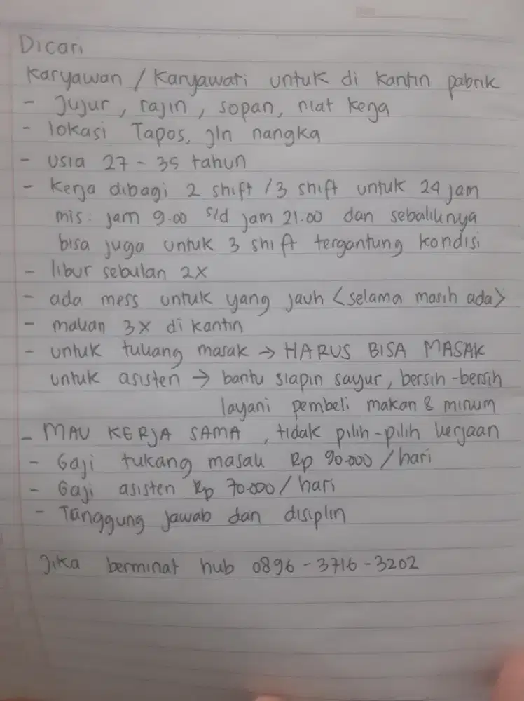 Dibutuhkan tukang masak dan asisten