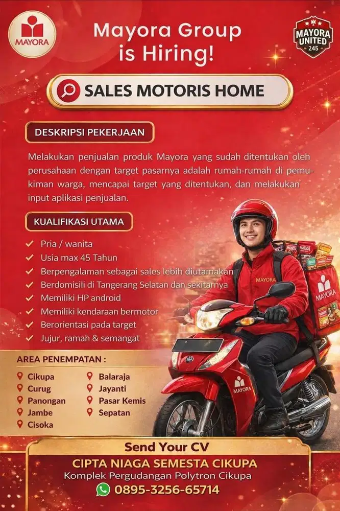 LOWONGAN KERJA SALES MOTORIS PT MAYORA INDAH