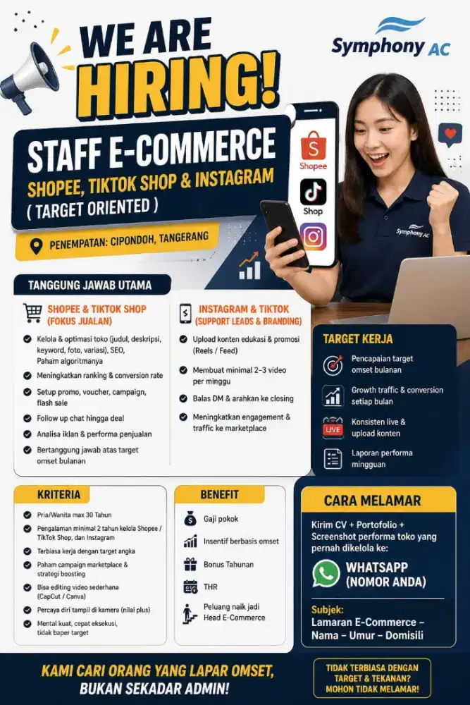 Lowongan kerja staff e-commerce, shopee, tiktok shop, instagram