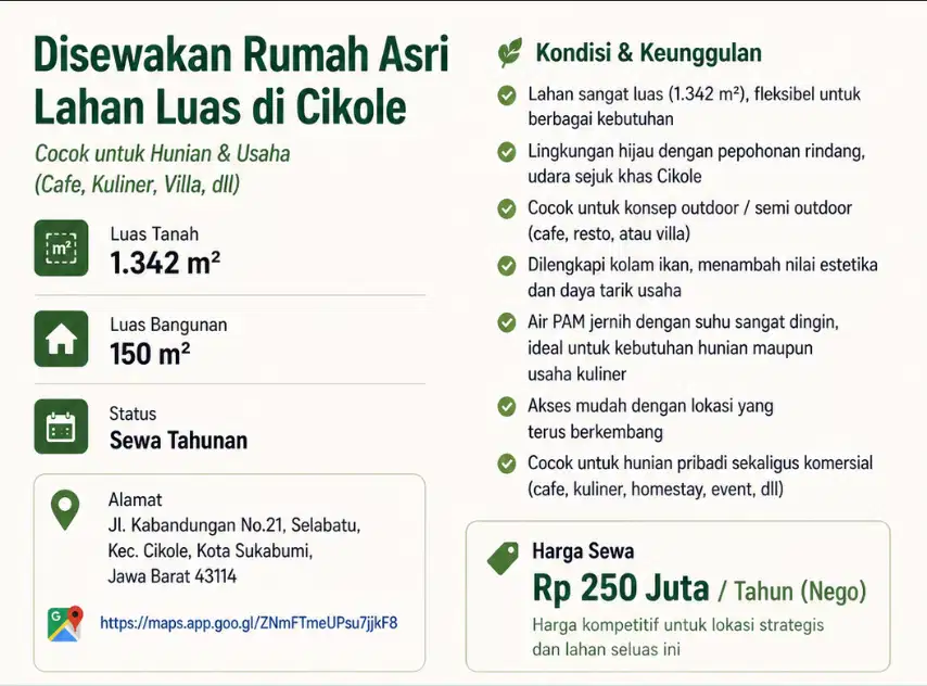 Disewakan Lahan Luas Cikole Selabinta Sukabumi 1342m² Cocok Cafe Villa