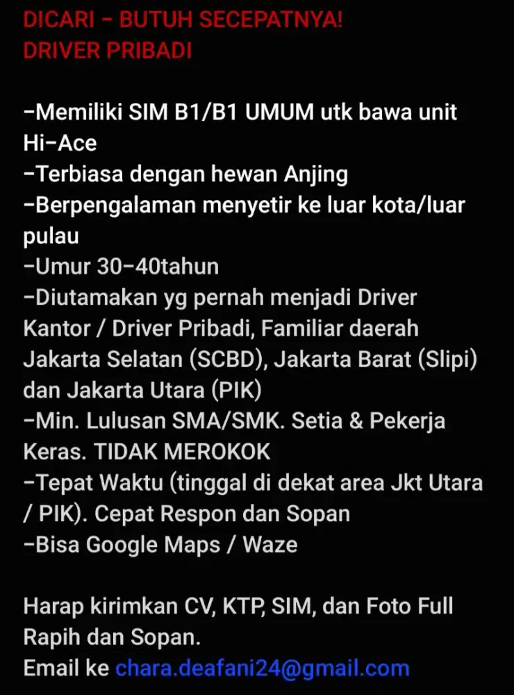 DICARI DRIVER PRIBADI DENGAN SIM B1/B1 UMUM BERPENGALAMAN