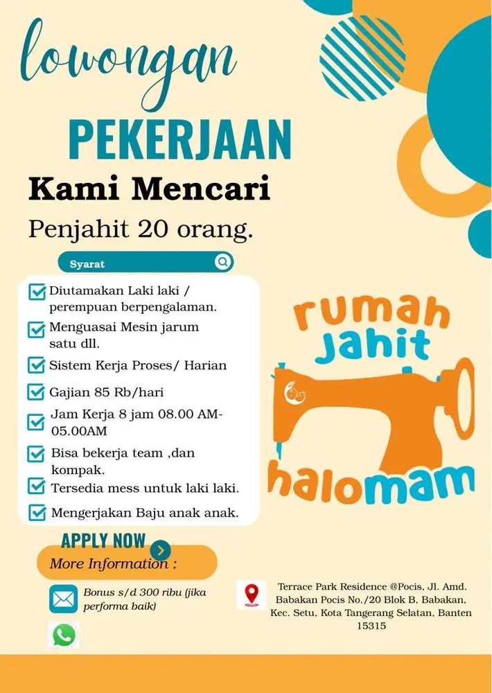 Lowongan Jahit 20 orang