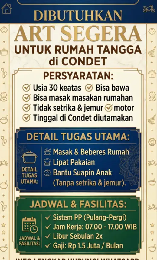 Dibutuhkan ART / ASISTEN RUMAH TANGGA PP Pulang Pergi CONDET