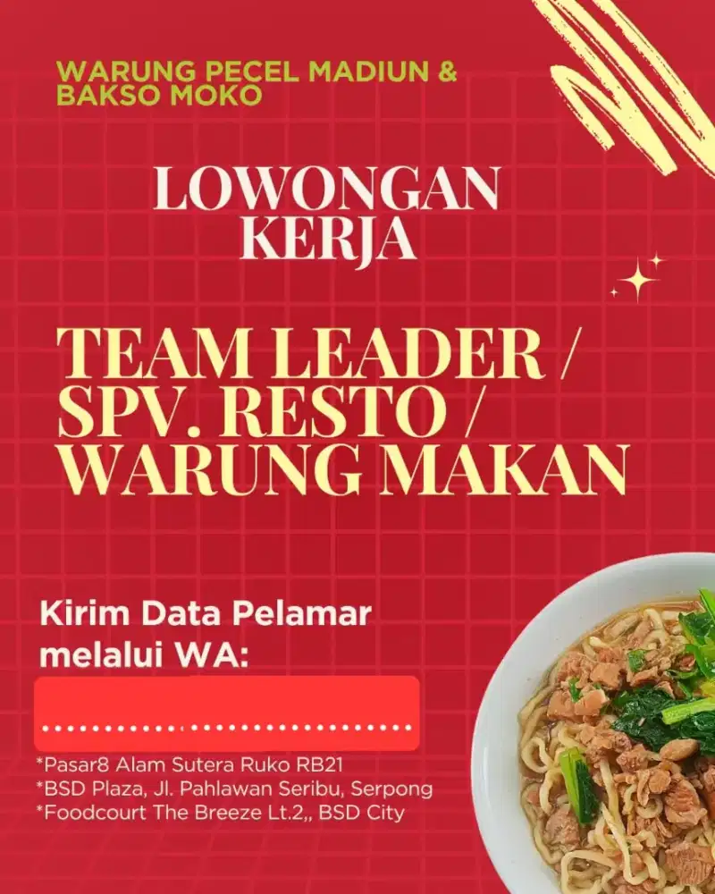 Lowongan Kerja: LEADER / SPV Untuk Warung Makan di BSD-Alam Sutera