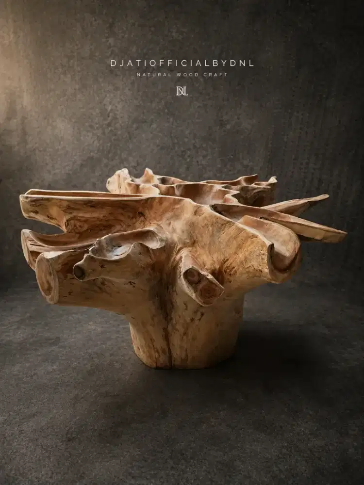 Coffee table glass teak natural carved . Carving teak root , teak wood