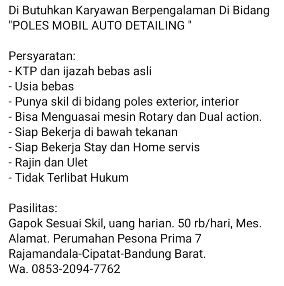 Lowongan tukang poles mobil panggilan