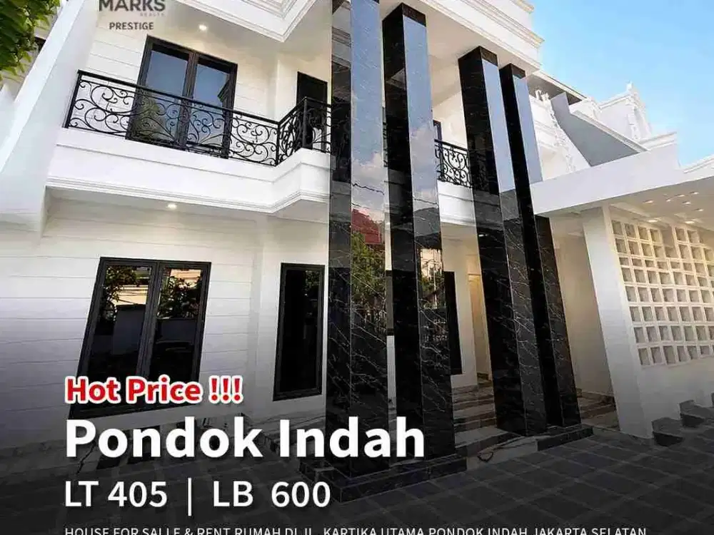 HOUSE FOR SALLE &RENT RUMAH DI JL .KARTIKA UTAMA PONDOK INDAH JAKARTA SELATAN 
SHM 
Luas tanah 405 m²
luas Bangunan 600m2
Lantai full marmer
Kamar tidur utama 3 di lt2, 
Kamar tidur 1 di lt1
Toilet 4 di lt 2
Toilet 3 di lt 1
Kamar ART
walk in closet
Parki