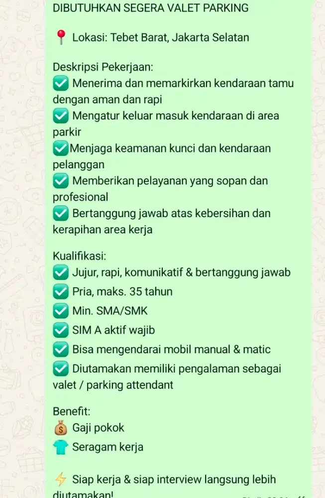 LOKER VALET PARKING – TEBET (JAKARTA SELATAN)