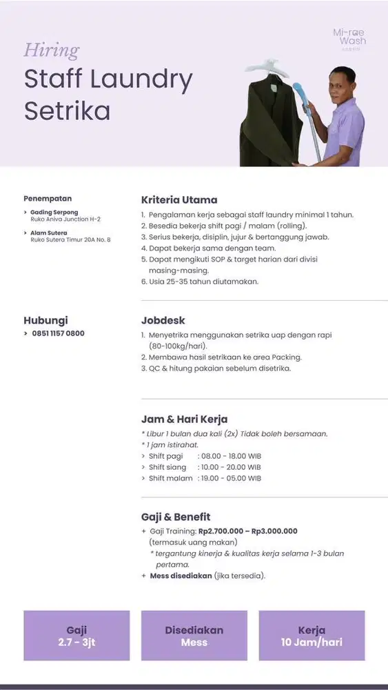 Lowongan Kerja Staff Laundry Premium Bagian Setrika & Packing