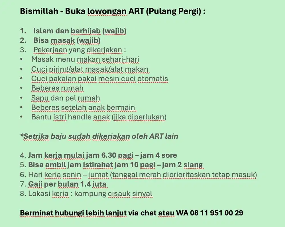 Bismillah cari ART Pulang Pergi - Cisauk Sinyal