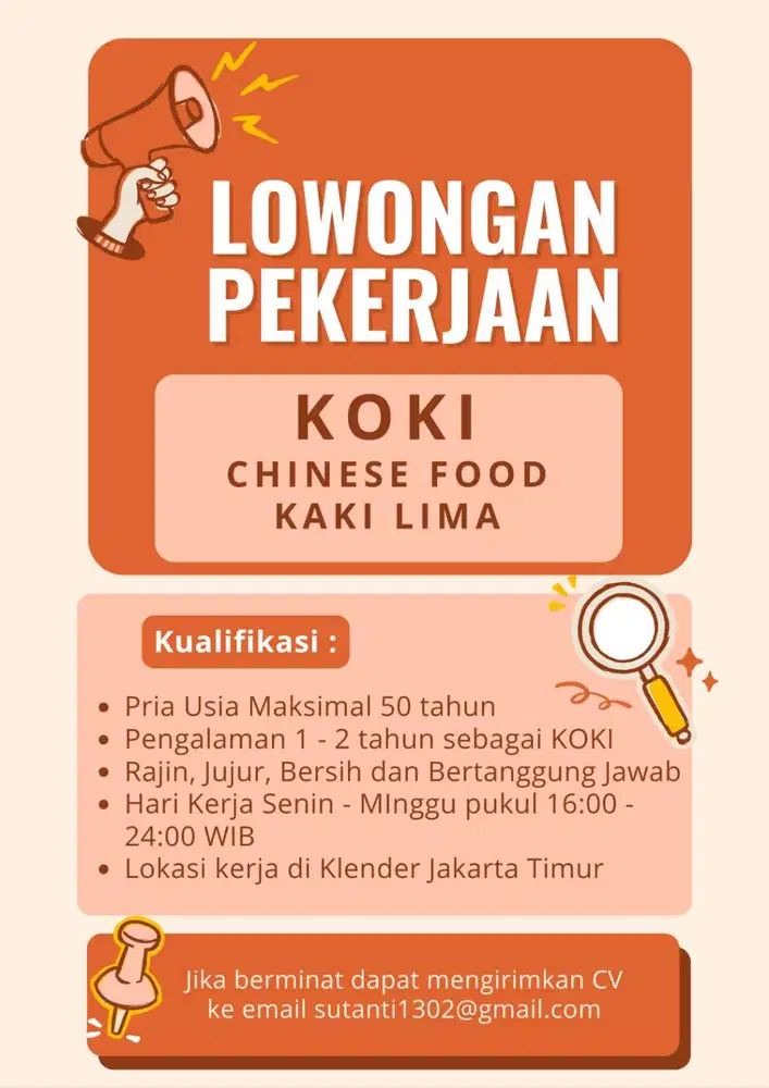 Lowongan Kerja KOKI - Chinese Food Kaki Lima