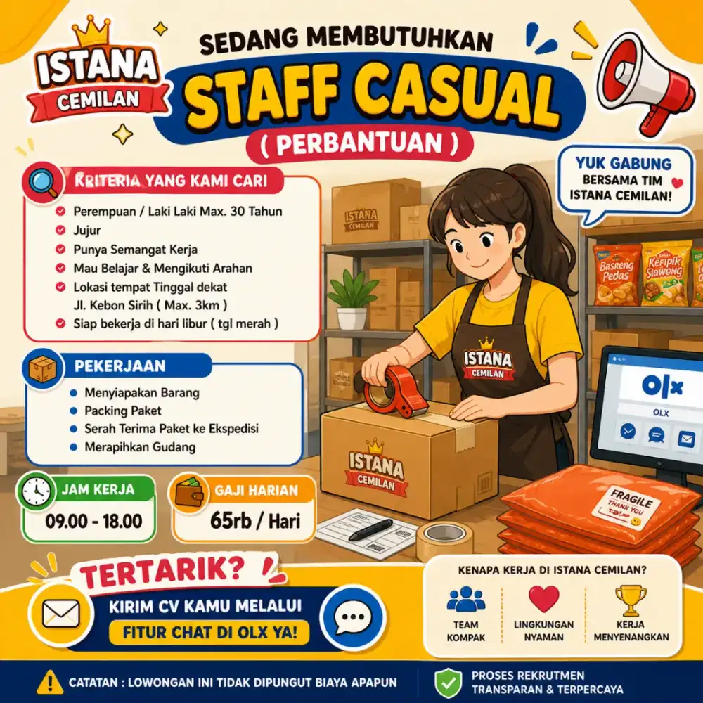 Dibutuhkan Staff Perbantuan Casual Untuk Online Shop