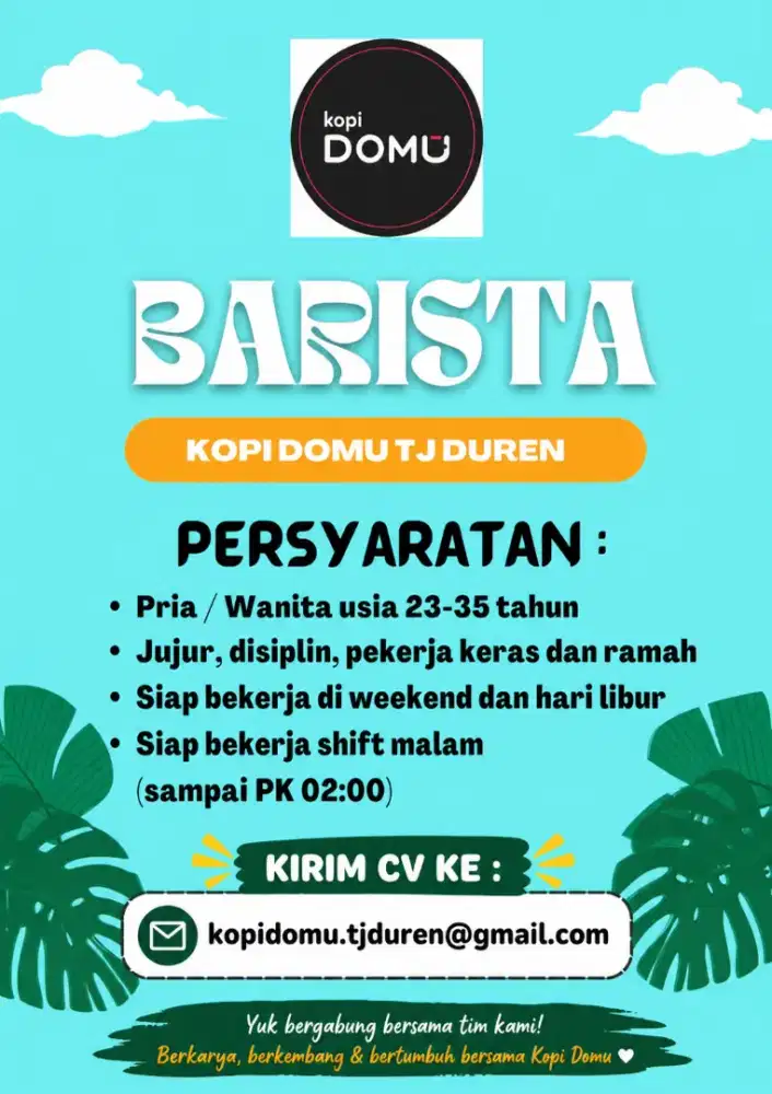 LOWONGAN KERJA BARISTA KOPI DOMU TANJUNG DUREN