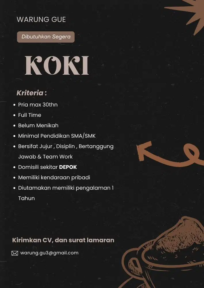 Dibutuhkan koki min 1th pengalaman