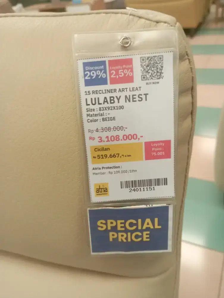 Sofa LULABY NEST 1S RECLINER ART LEAT COLOR:BEIGE CICILAN TANPA DP