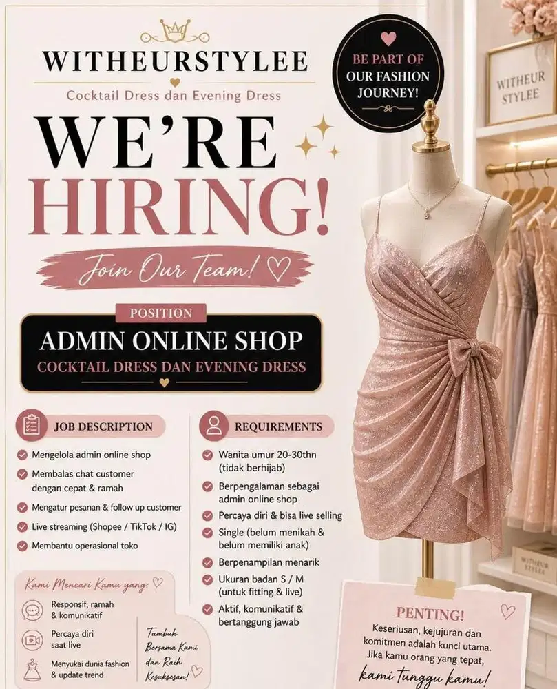 Lowongan kerja admin online shop khusus wanita non hijab