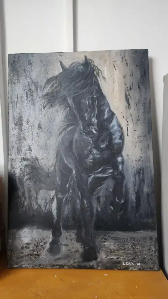 Lukisan Kuda Hitam Artistik 80x120 cm – Kanvas Lukis Handmade