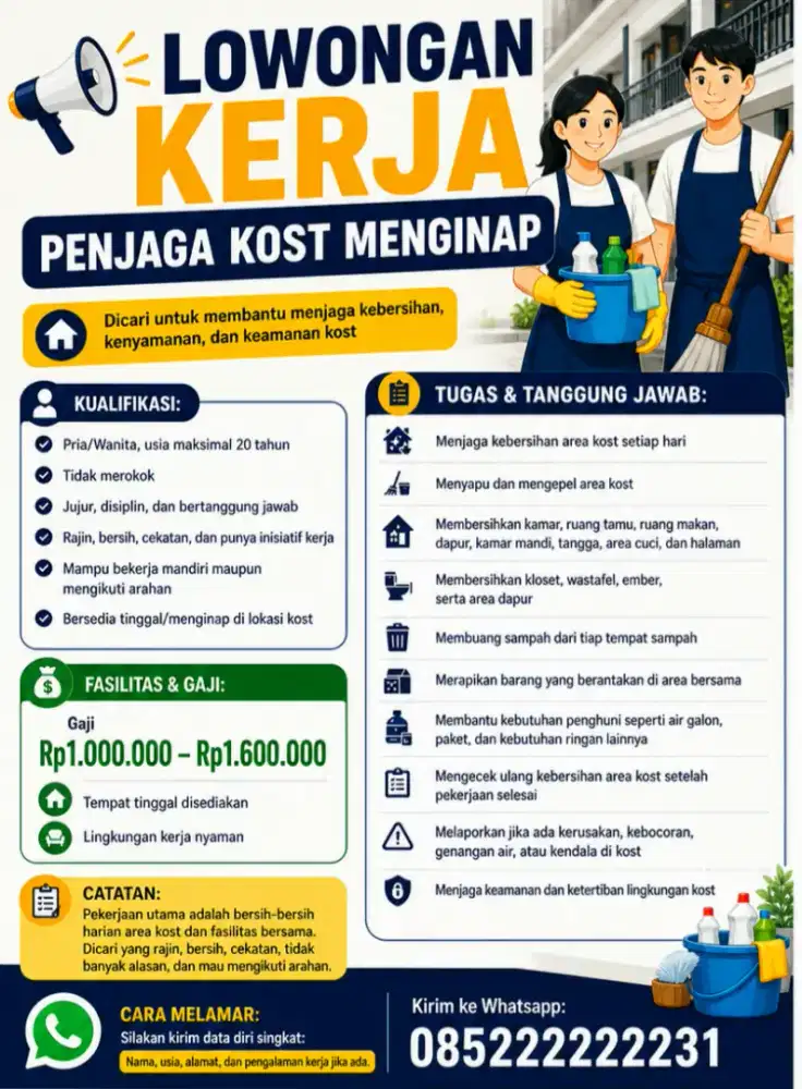 LOKER PENJAGA KOST MENGINAP OFFICE GIRL BOY Maks. 20th NON PEROKOK