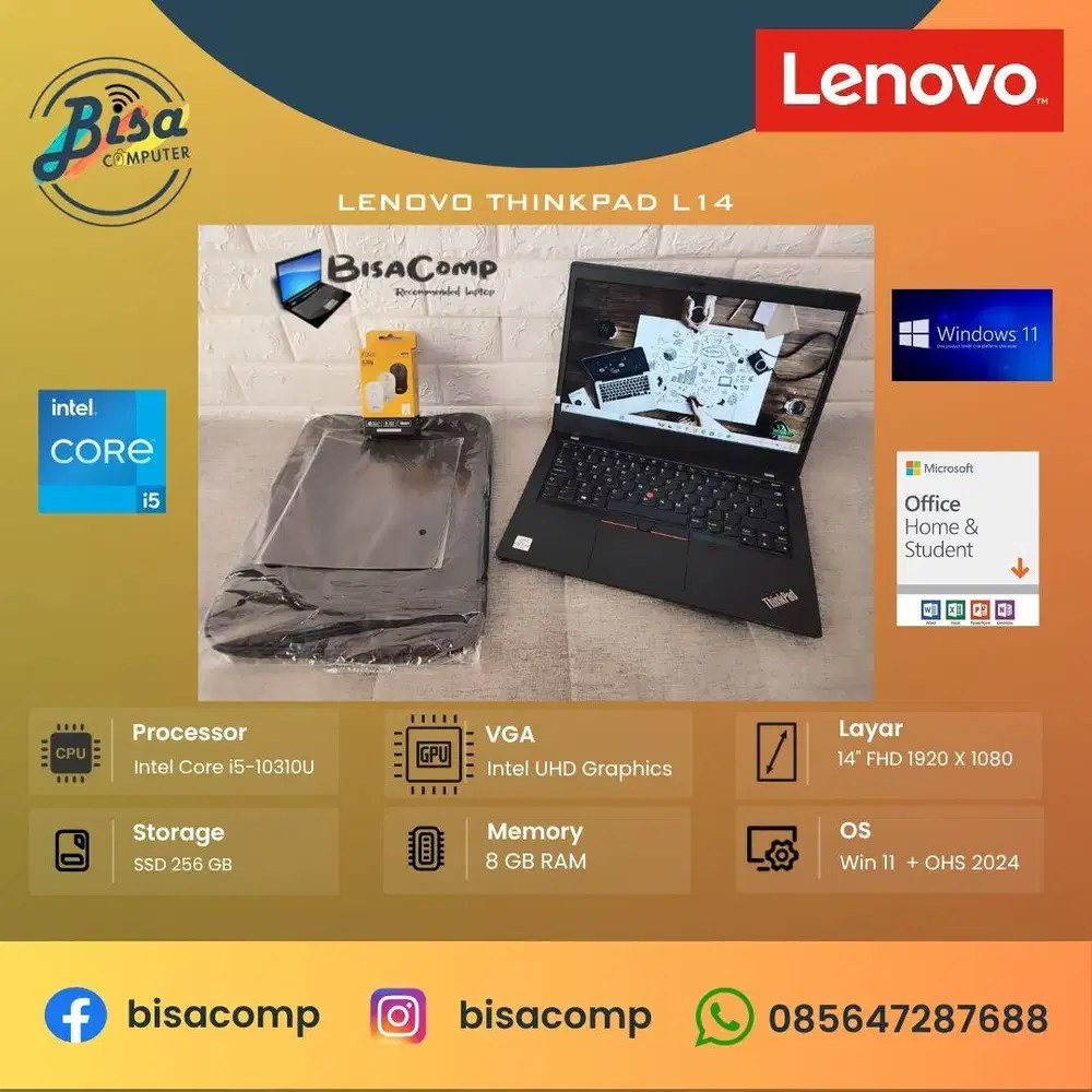 Lenovo Thinkpad L14 Core i5 10th Gen SSD 256gb Ram 8gb 14inchFHD