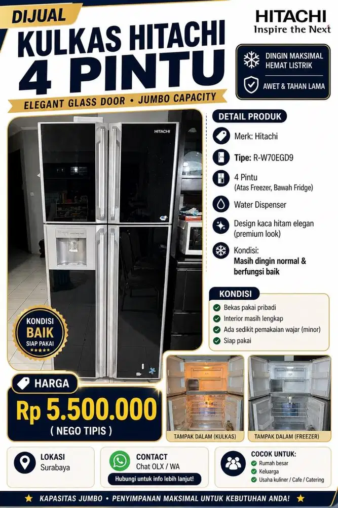 KULKAS HITACHI 4 PINTU Elegant Glass Door • Jumbo Capacity