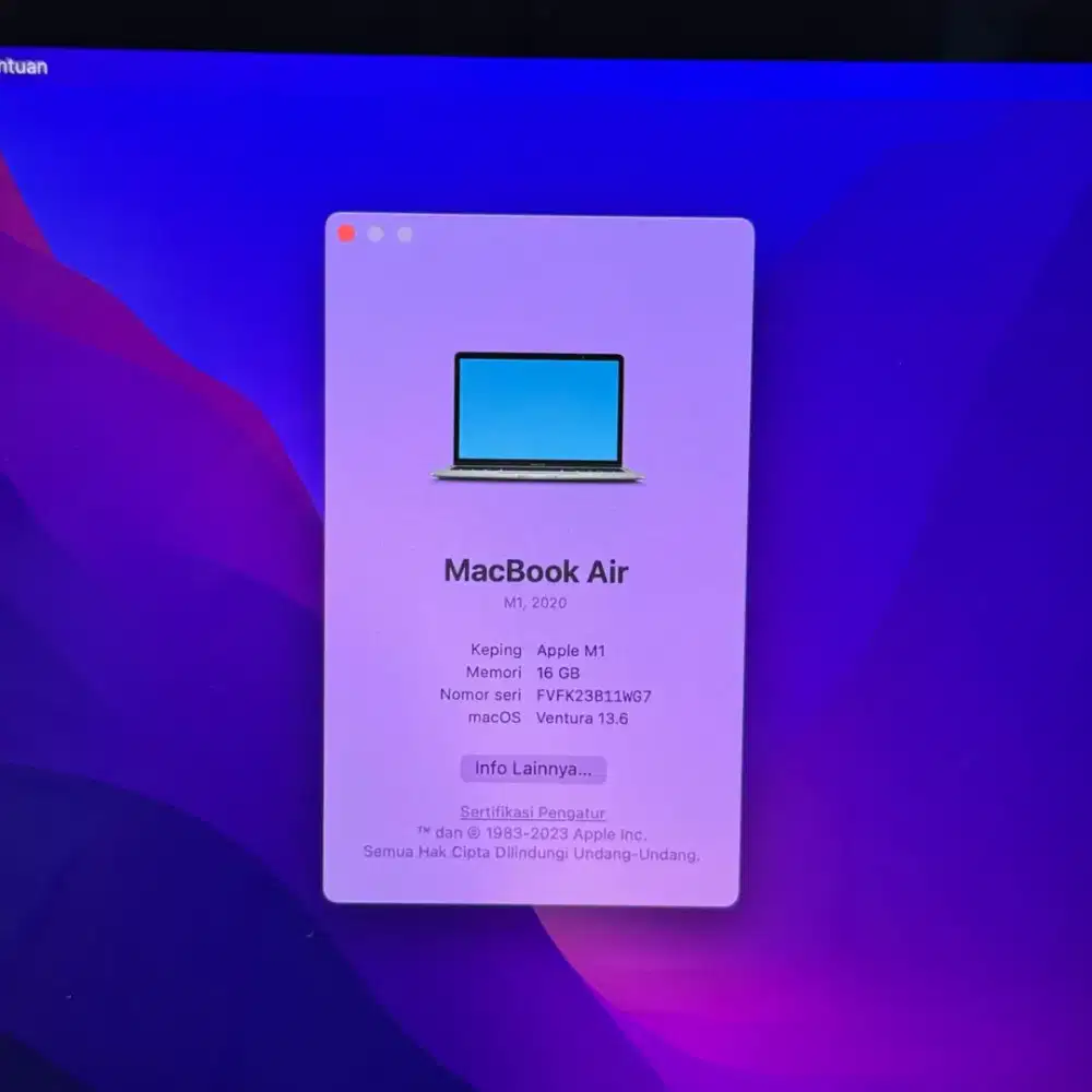 Macbook Air M1 Ram 16 Ssd 256 Layar 13 inch space Grey Full set