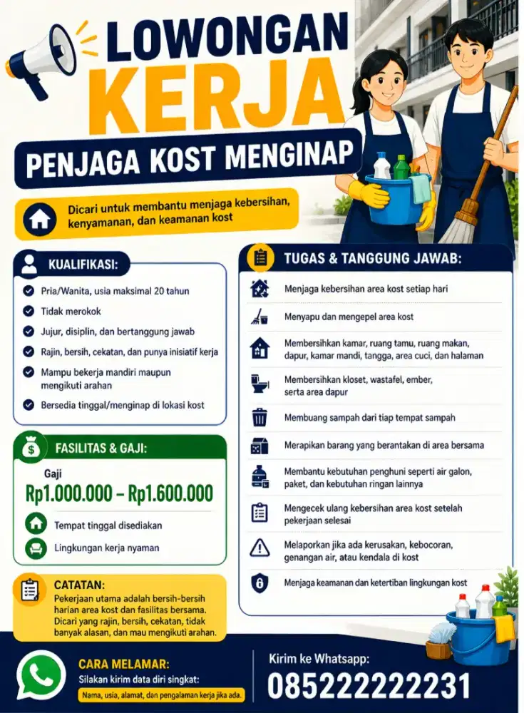 LOKER PENJAGA KOST MENGINAP OFFICE GIRL BOY Maks. 20th NON PEROKOK
