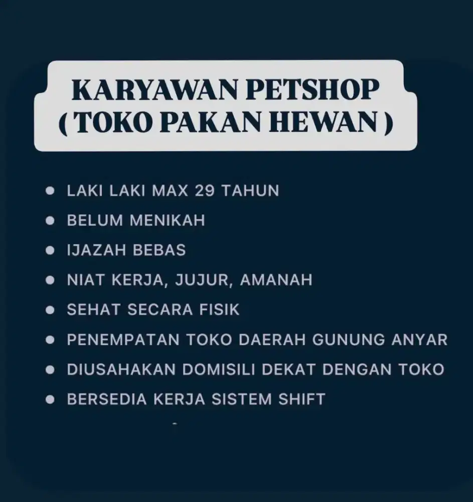 Karyawan Petshop/Toko Pakan Hewan