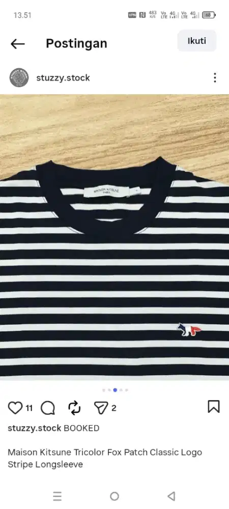 MAISON KITSUNE Tricolor fox patch classic logo stripe longsleeve
