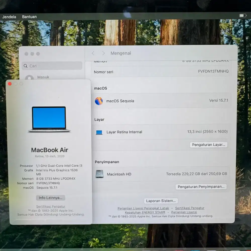 Macbook Air 2020 layar 13 Inch Ram 8 Ssd 256 lengkap full set silver