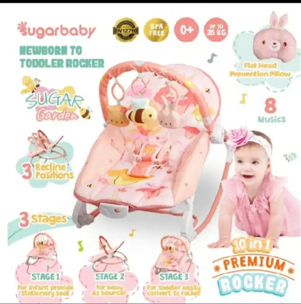 Sugar Baby Bouncer Premium Rocker Circus Carnival 10 in 1 - Pink