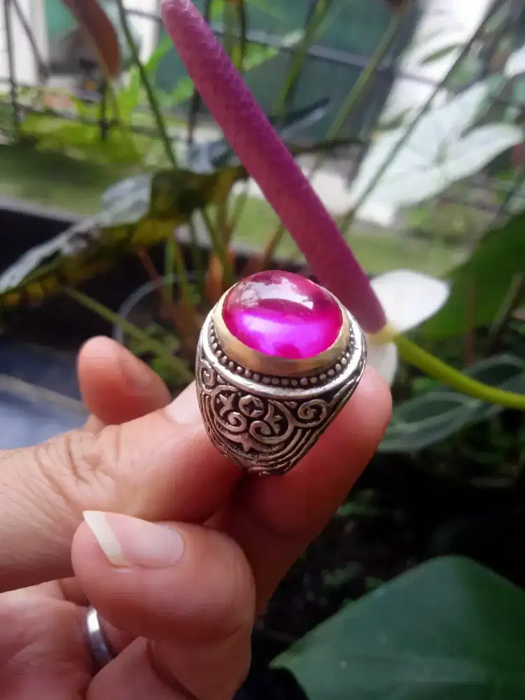 Natural batu merah siem rose sdh kristal ring alpaka no7