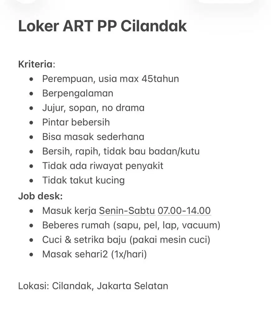 Loker ART PP Cilandak Jaksel