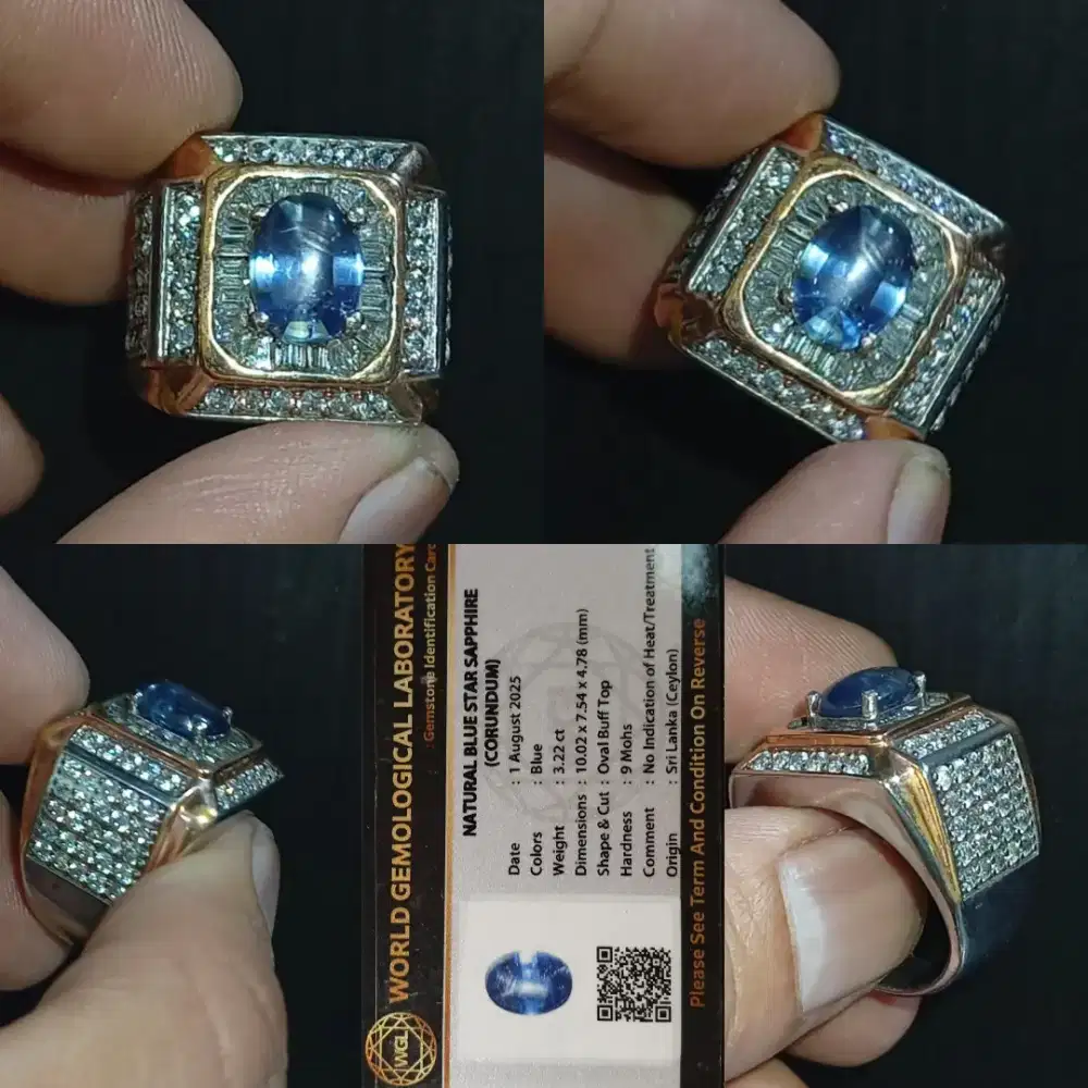 Star blue sapphire Sri Lanka no treatment 3.22 ct ring perak Handmade