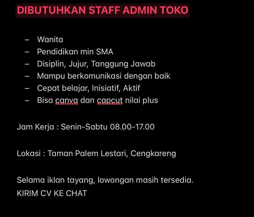 DIBUTUHKAN STAFF ADMIN TOKO