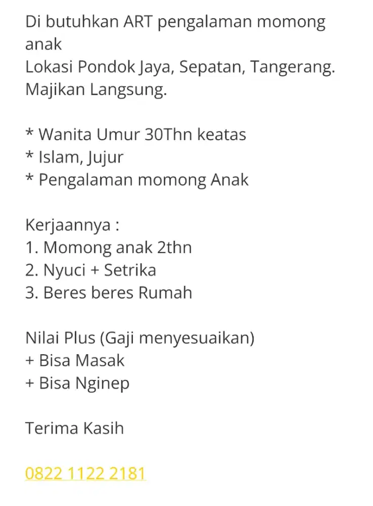 Dicari ART yang berpengalaman Momong Anak