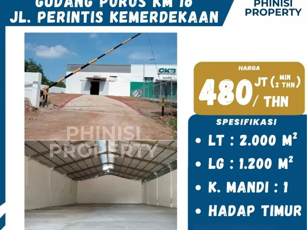 Disewakan Gudang Jalan Poros Perintis Kemerdekaan Km.16