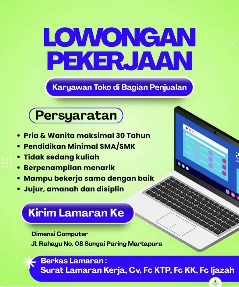 DICARI SEGERA KARYAWAN BAGIAN PENJUALAN