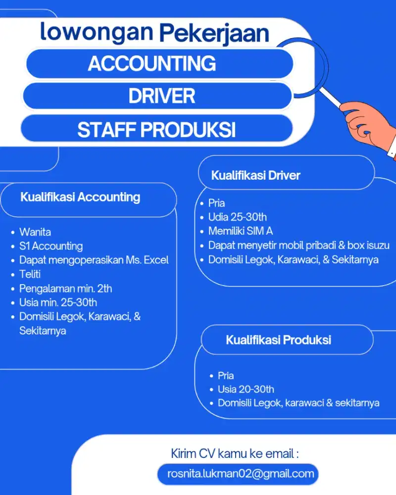 DIBUTUHKAN ACCOUNTING, DRIVER, & PRODUKSI