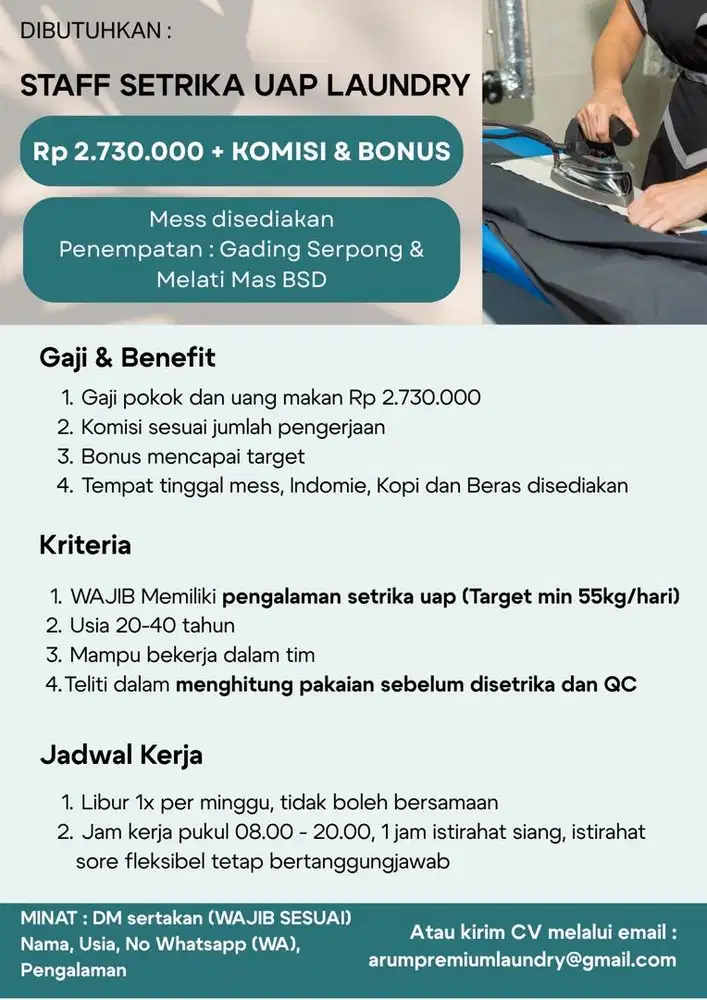 Dibutuhkan Staff Setrika Uap Laundry