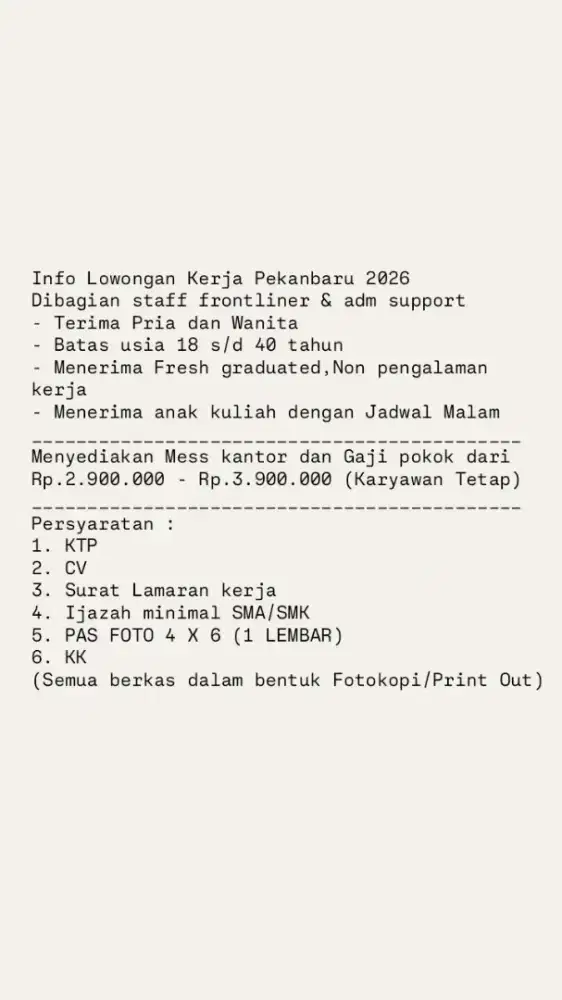 Rekrutmen Kerja Pekanbaru 2026