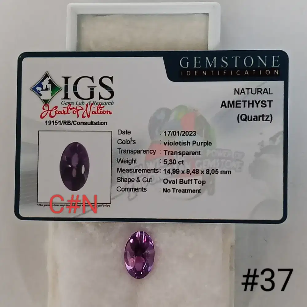 Batu natural kecubung amethys, gem id card IGS