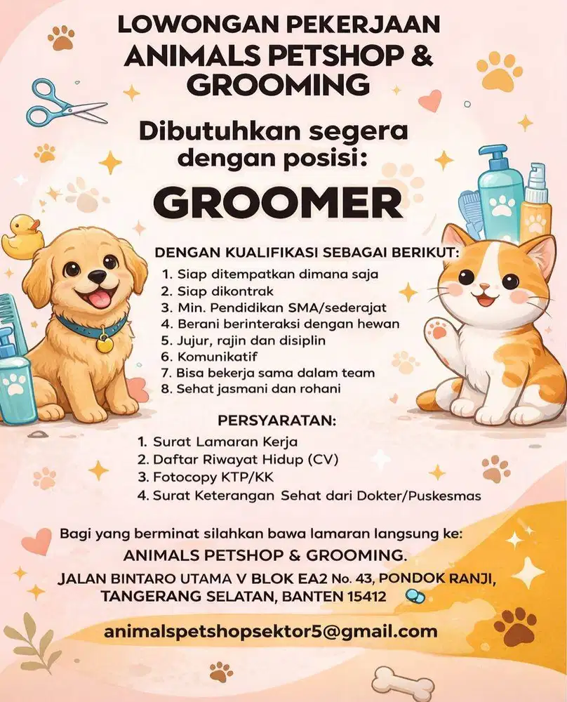 Lowongan Pekerjaan! untuk GROOMER di animals petshop Bintaro